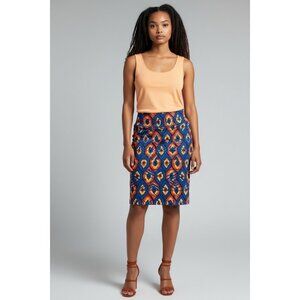 LuLaRoe Cassie Pencil Skirt In A Blue, Red, & Orange Aztec Print, size S